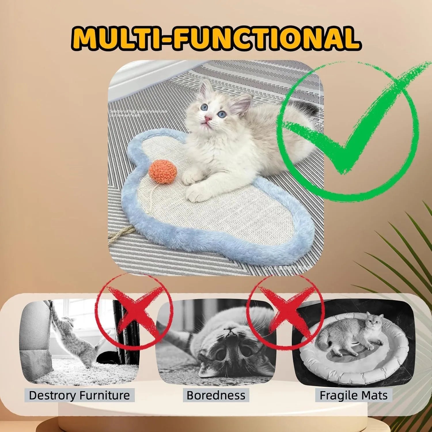 Wall-mounted natural sisal cat scratching mat with sleeping cat cartoon design