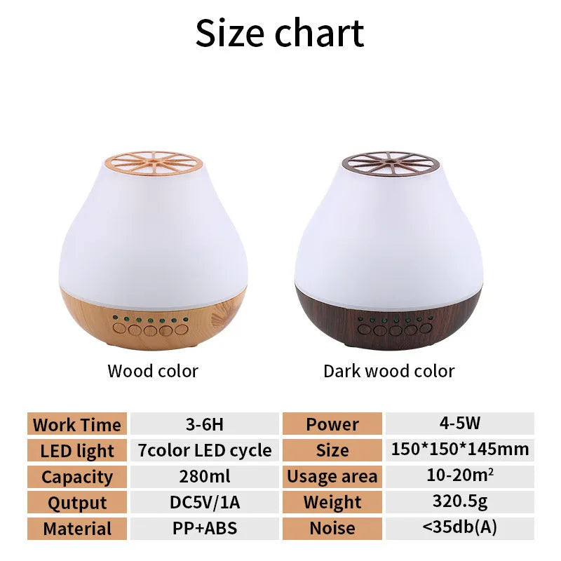 USB ultrasonic aroma diffuser with wood grain finish and colourful light on a wooden desk