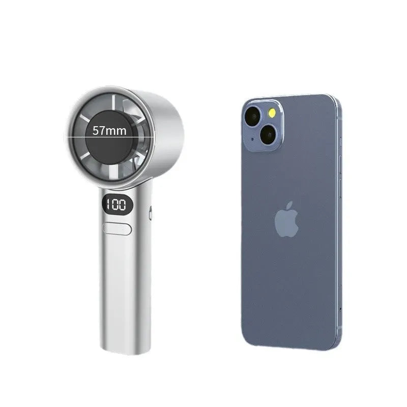 Handheld USB fan with variable speed control showing colour options: green, khaki, silver and white