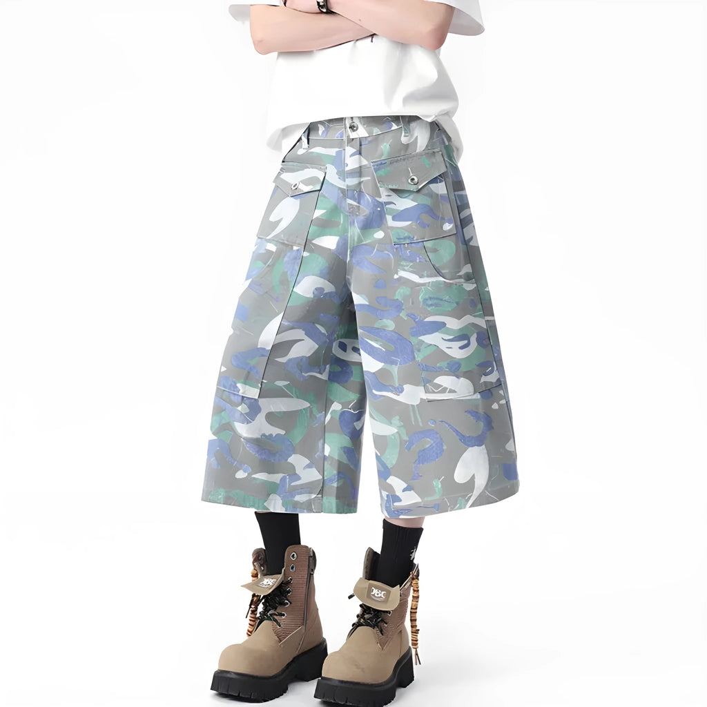 Women's camouflage colour cropped denim trousers with straight leg workwear style and front pocket