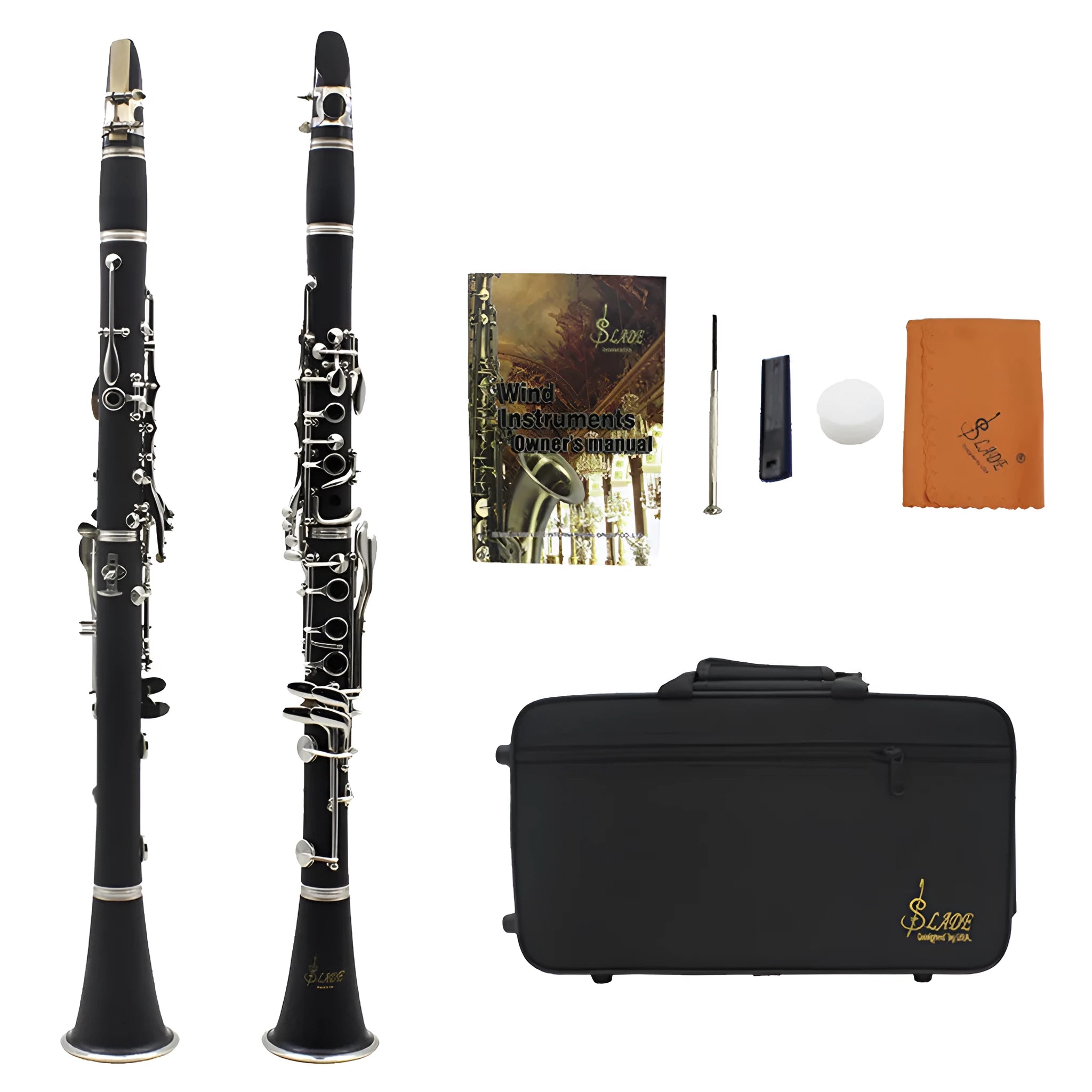 Black Bakelite beginner clarinet with nickel keys and included instrument bag