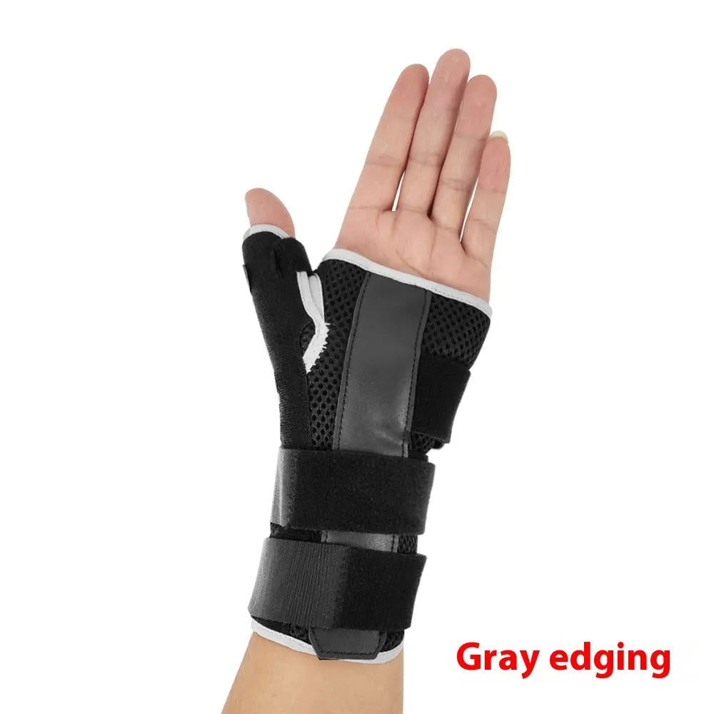 Black carbon fibre sports wrist guard with thumb strap and grey edging for left or right hand wearing