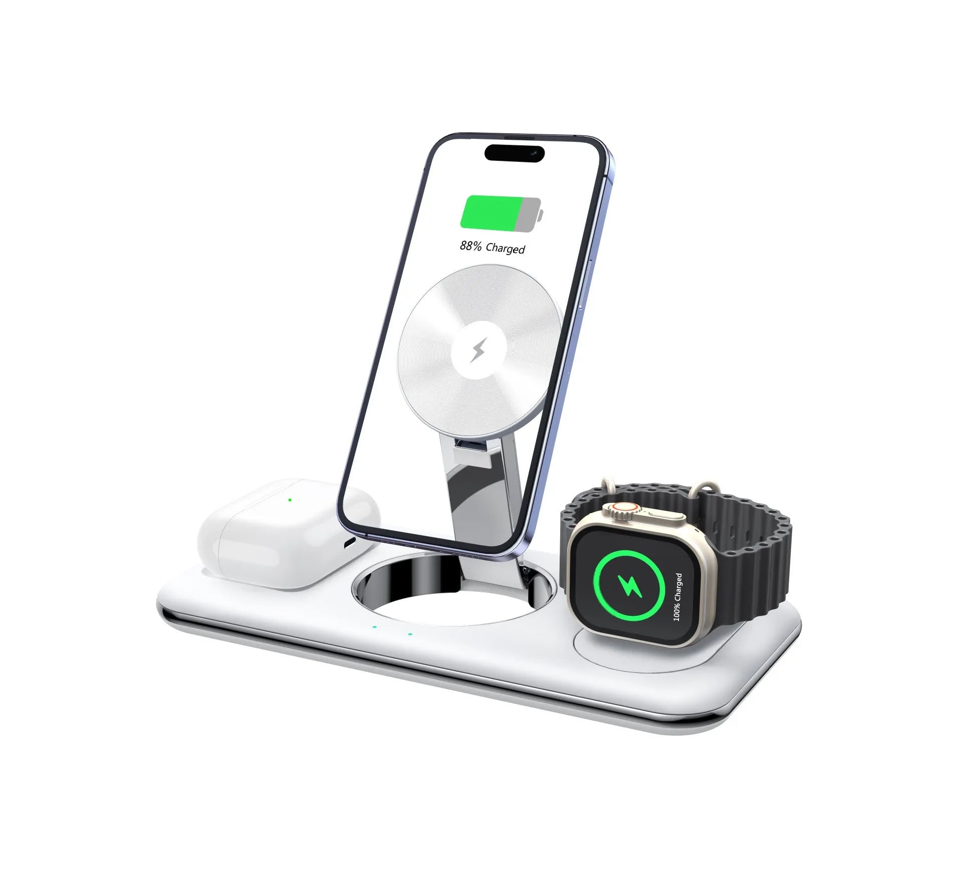 Folding magnetic wireless charger desktop bracket in white with phone charging in upright position
