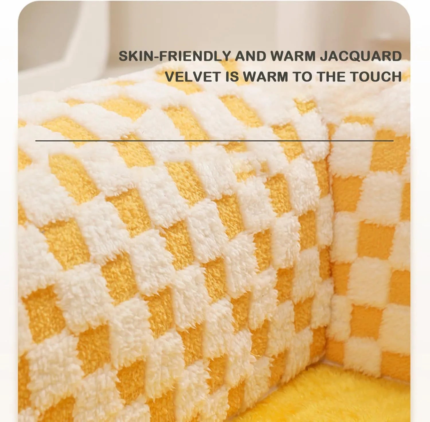 XL fan-shaped plush pet bed with integrated tunnel in plaid fabric, Coffee colour.