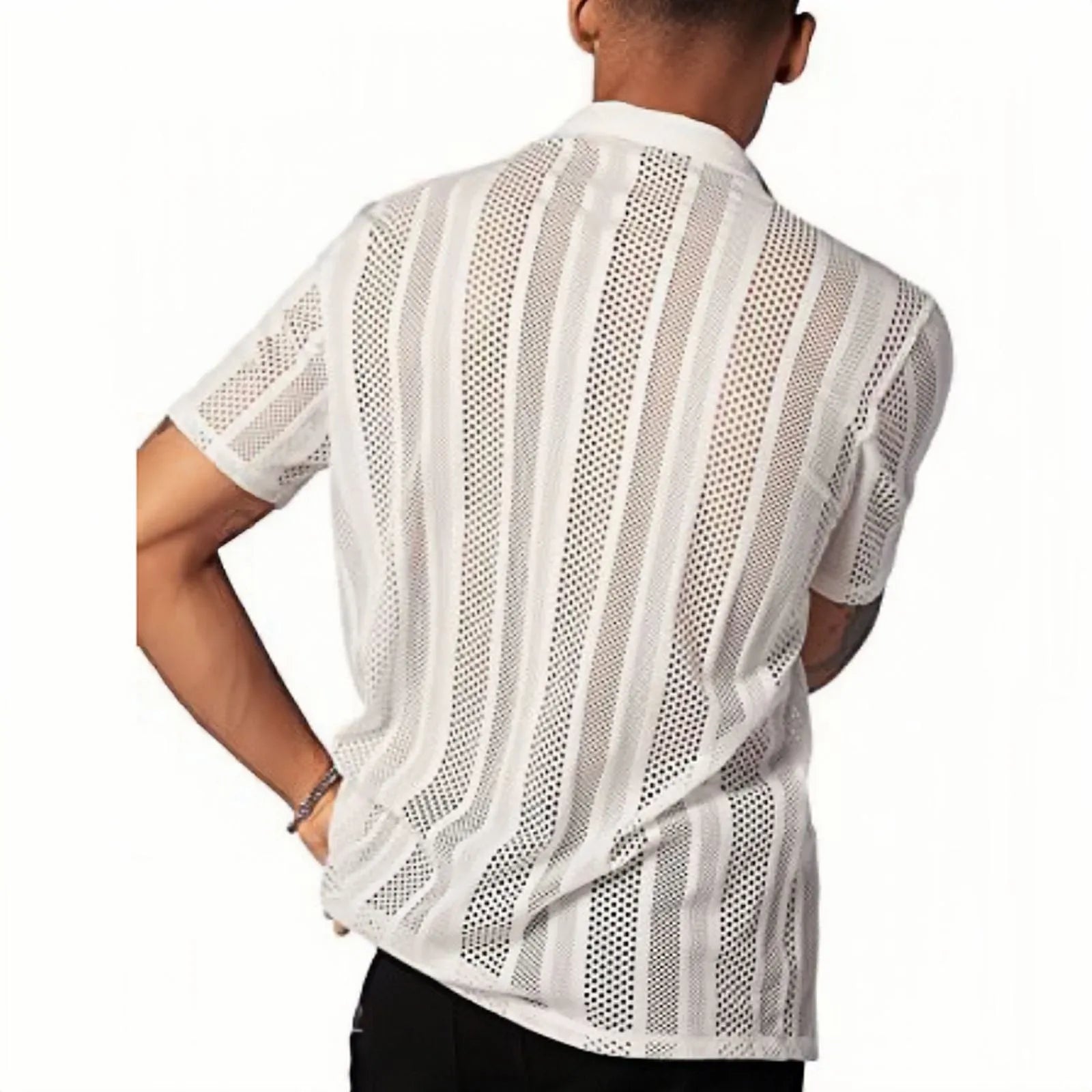 Men's black knitted short-sleeved button shirt with jacquard texture, regular fit cardigan