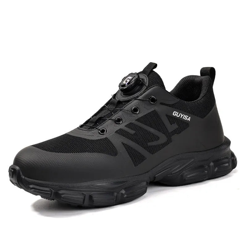 Black lightweight safety shoes with flyknit upper, steel toe cap, and TPU sole.