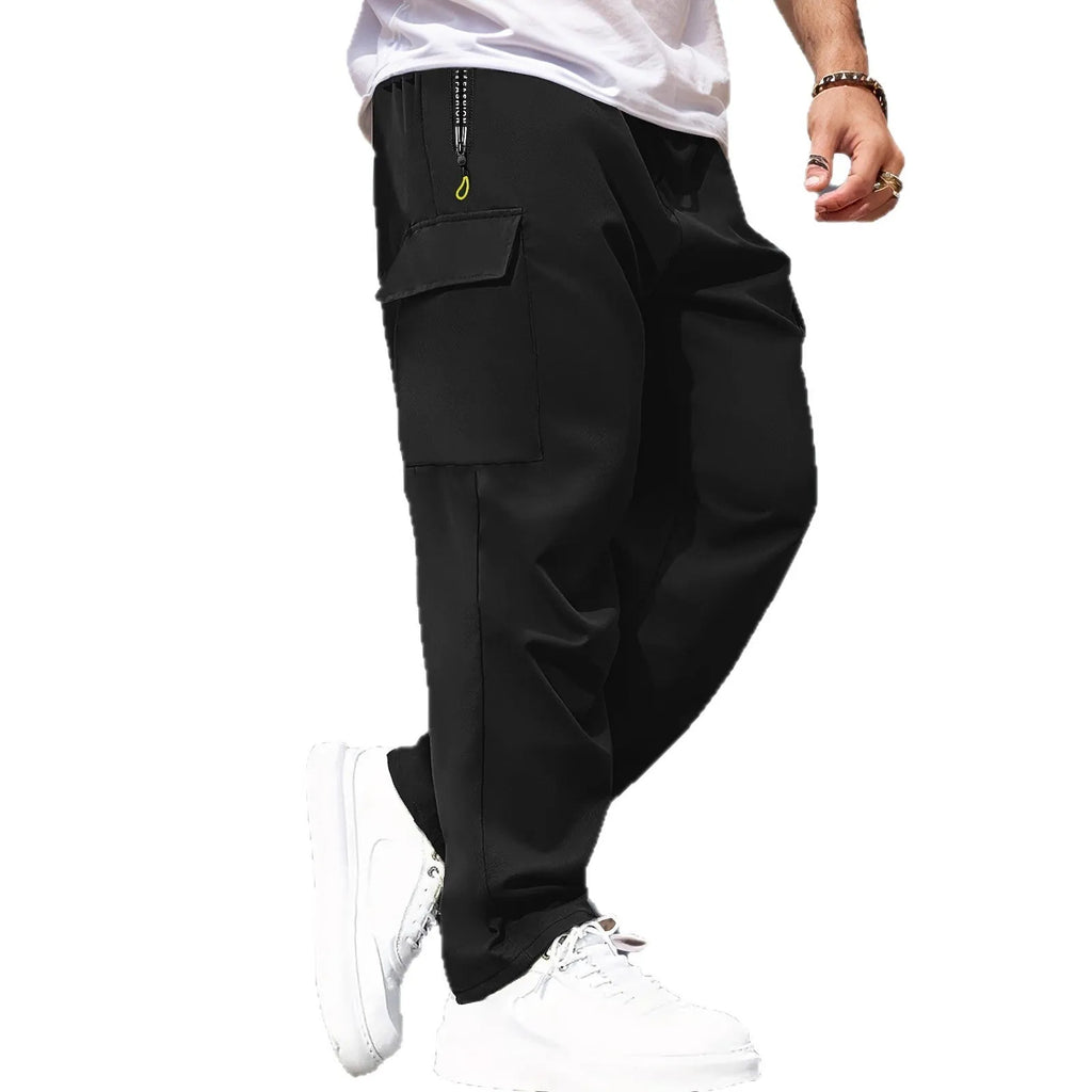 Men's retro cargo pants straight leg drawstring wrinkle-free polyester black gray dark blue military green autumn