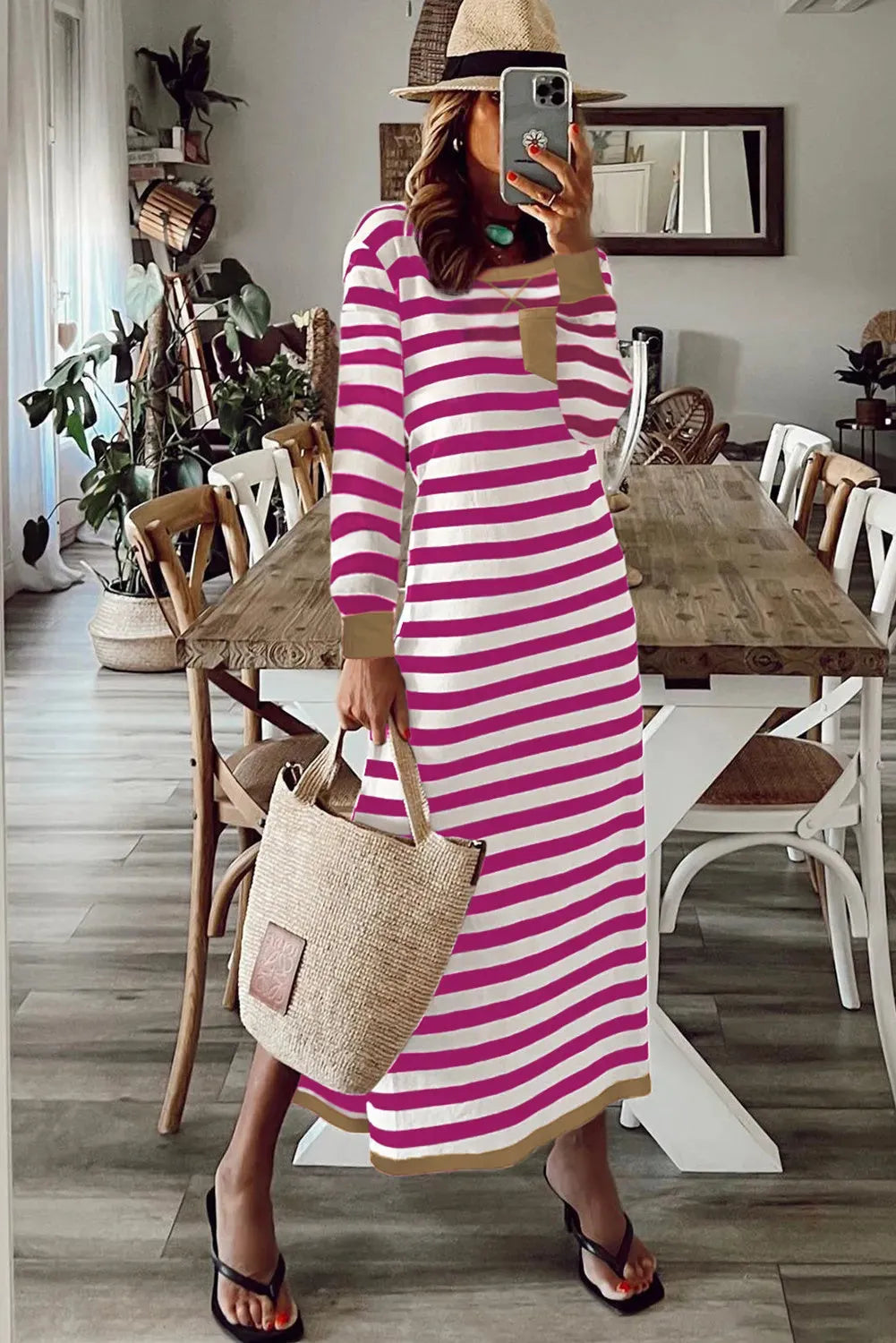 Striped long sleeve dress with contrast edge in Rose Stripe colour on display