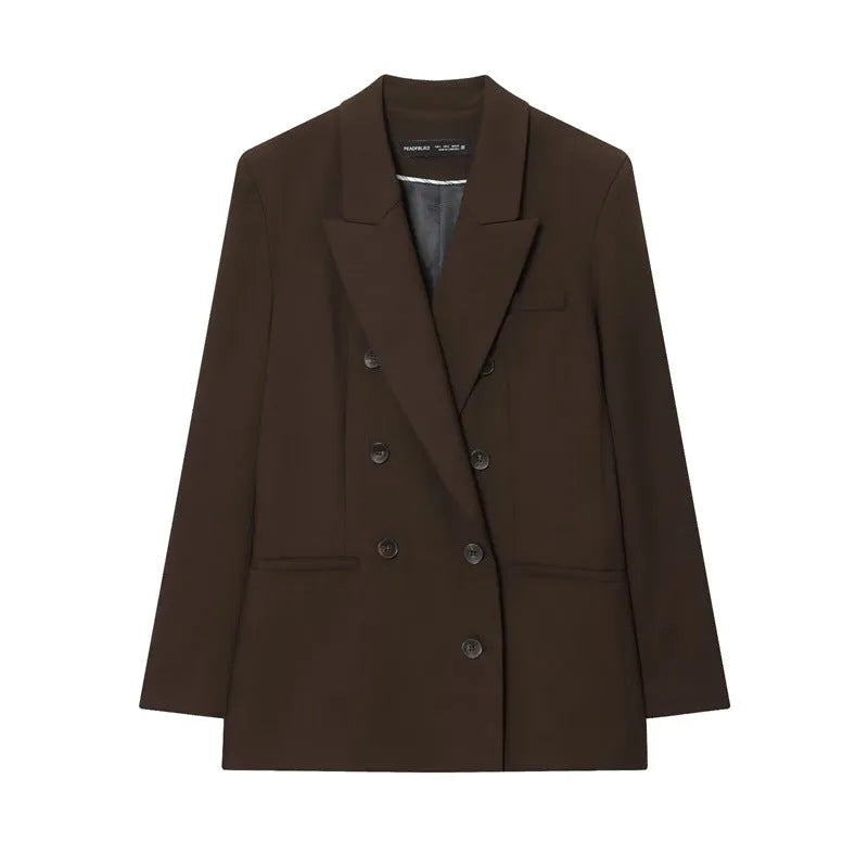 Women's pleated padded shoulder jacket and matching straight-leg trousers set in solid colour