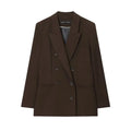 Women's pleated padded shoulder jacket and matching straight-leg trousers set in solid colour