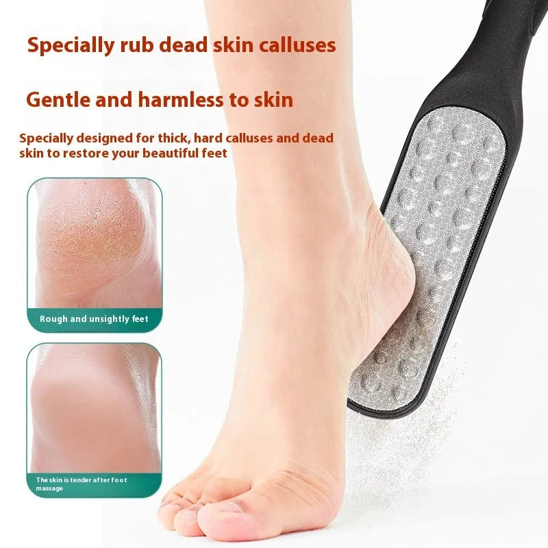 Double-sided stainless steel foot grinder with black and white abrasive pads for foot care