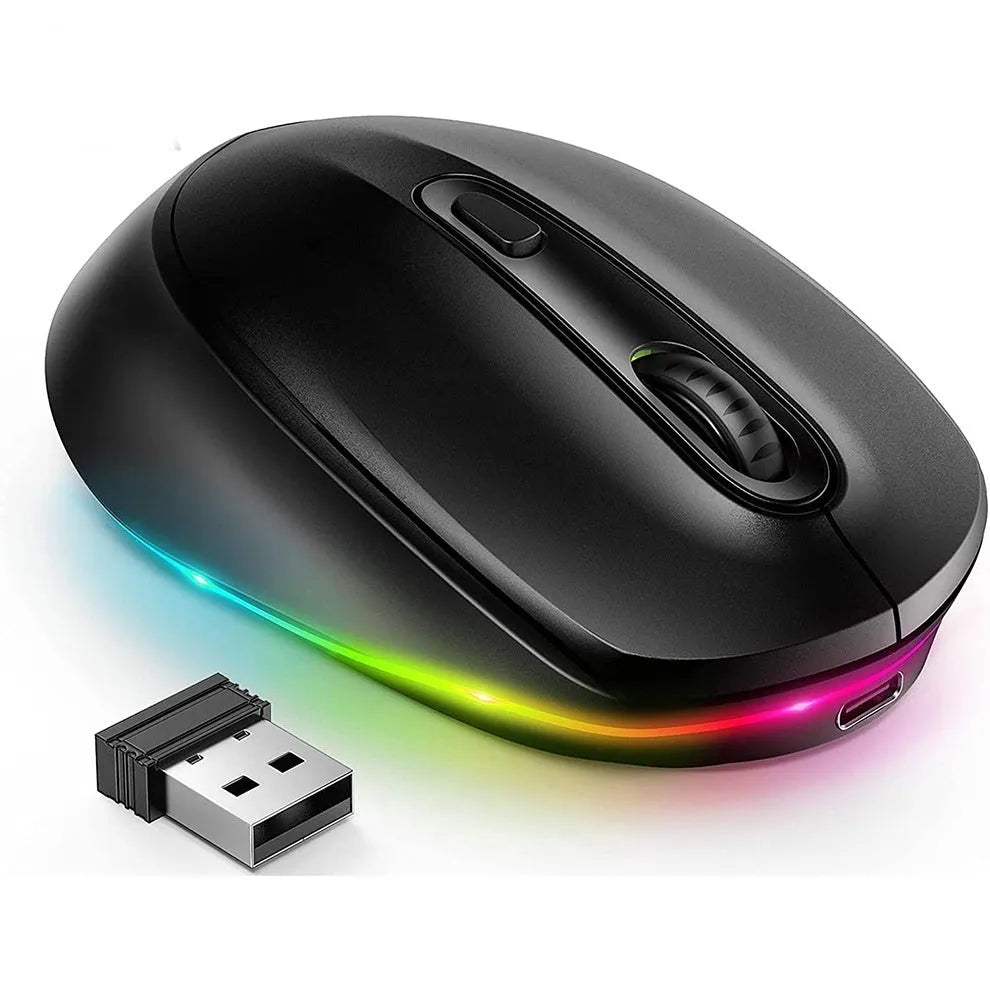 24g ultralight wireless ergonomic mouse in various colours, shown with USB charging cable.