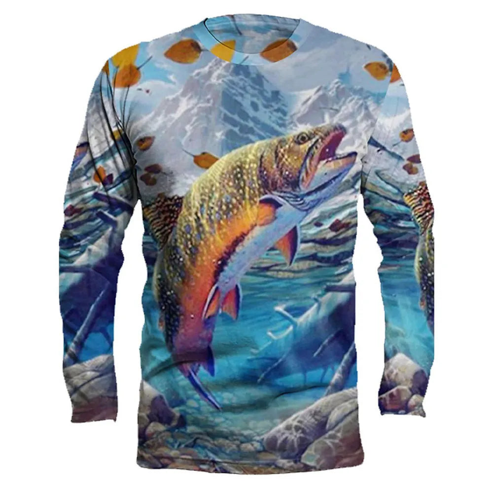 Men's grey round neck long sleeve pullover top featuring a printed colourful fish design.