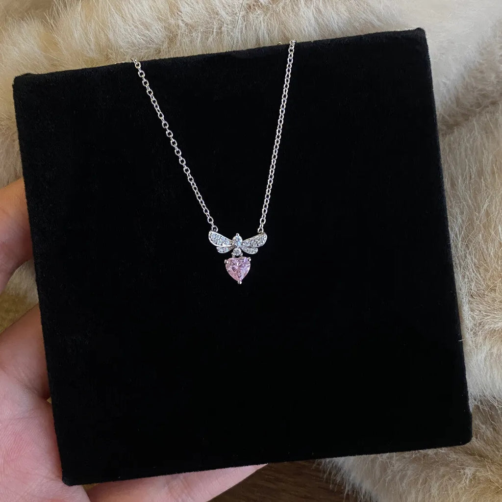 Bee Loving Heart Zircon Necklace stainless steel white gold plated copper pendant