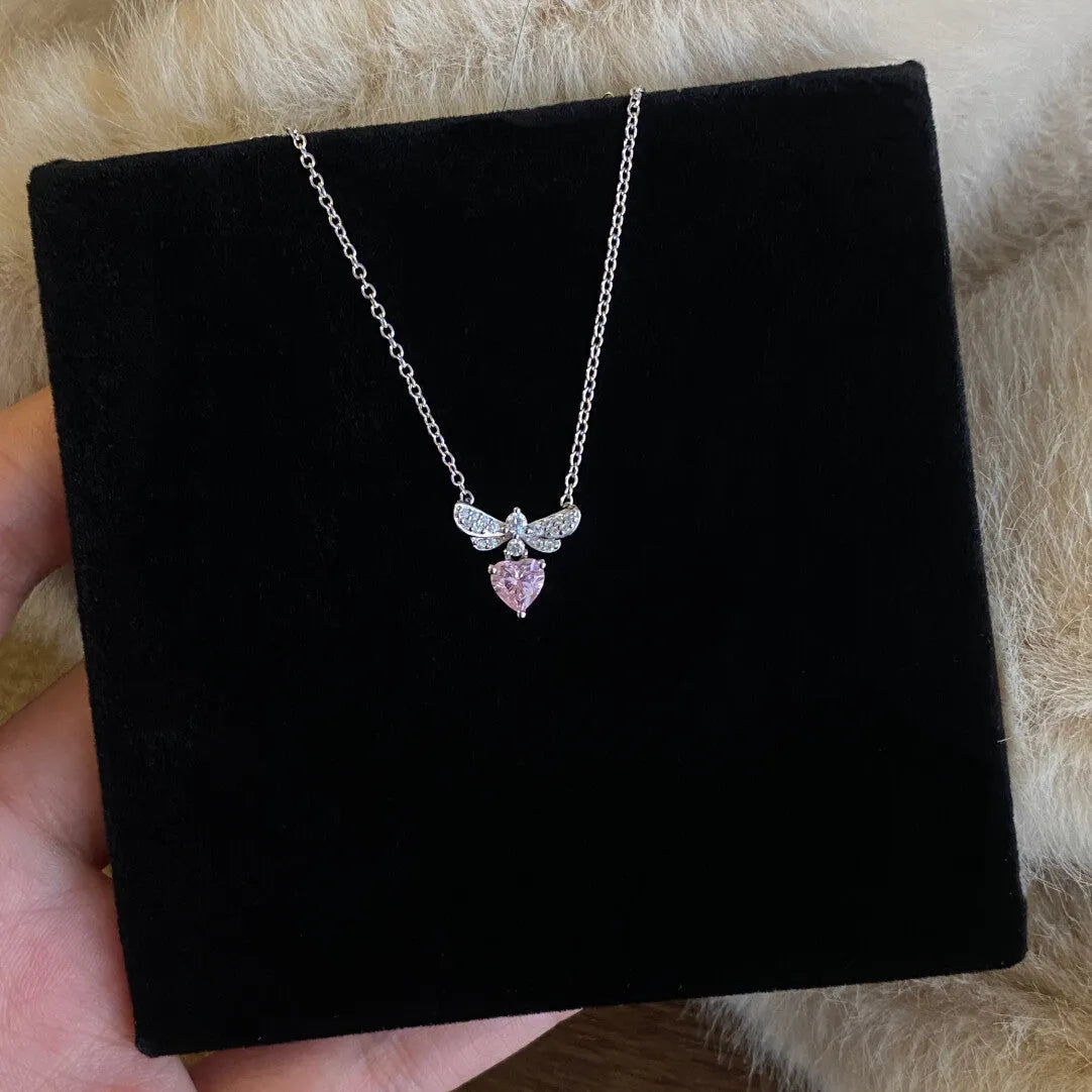 Bee Loving Heart Zircon Necklace stainless steel white gold plated copper pendant