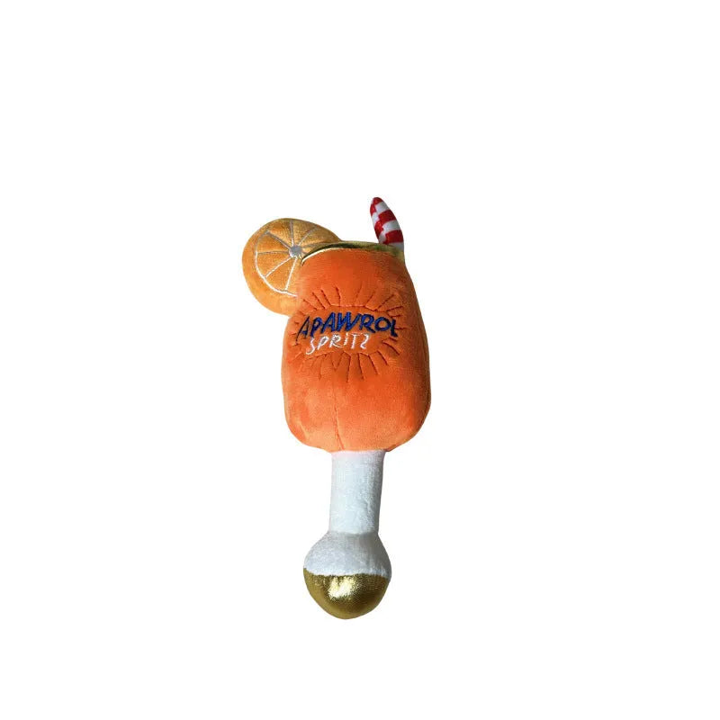 Yellow plush beer bottle squeaky dog toy with teeth-cleaning feature measuring 7cm tall