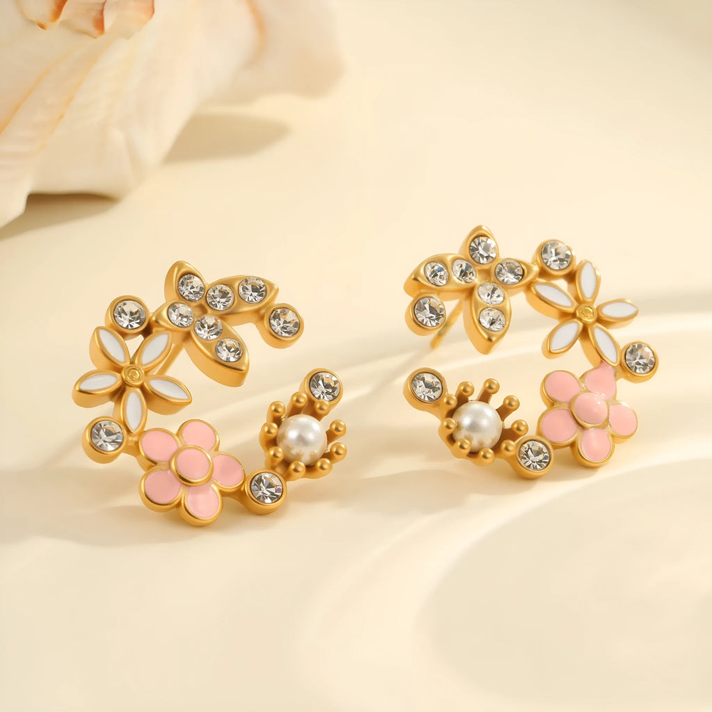 Colourful flower stud earrings with petal design on stainless steel with 18K gold electroplating