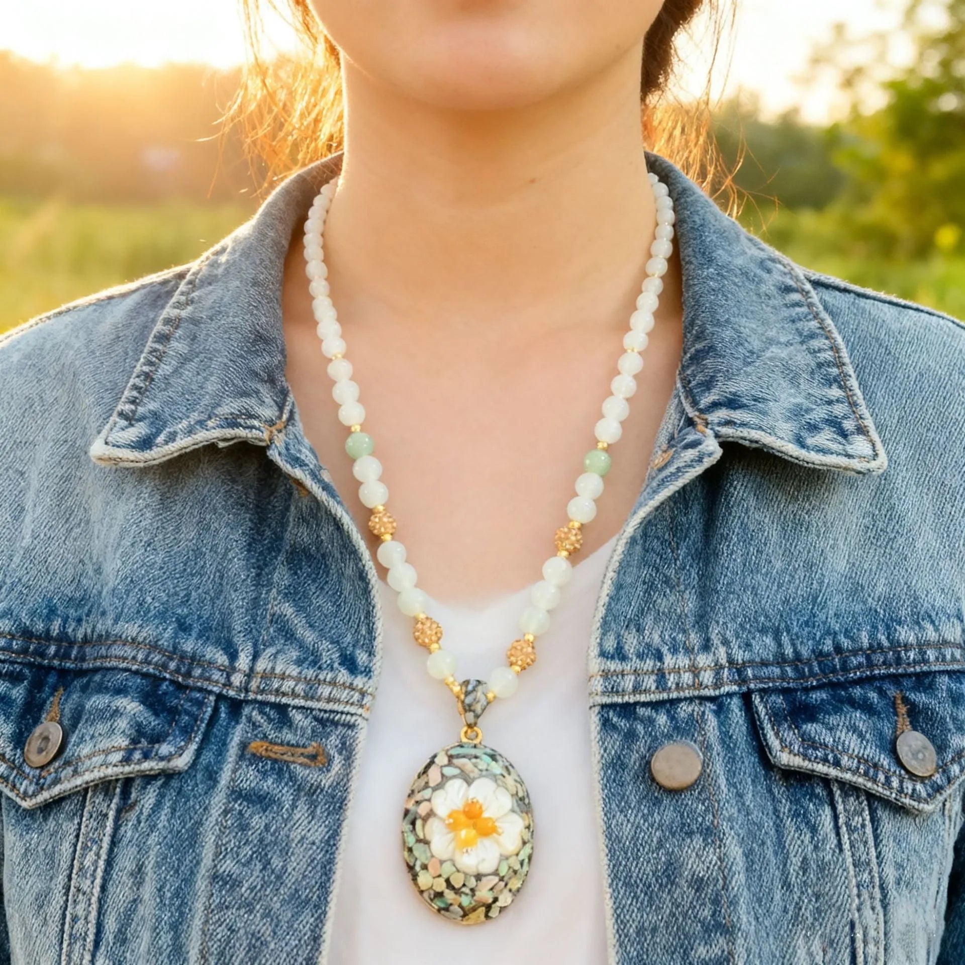 Original design mother-of-pearl shell necklace with rhinestone accents and twist chain