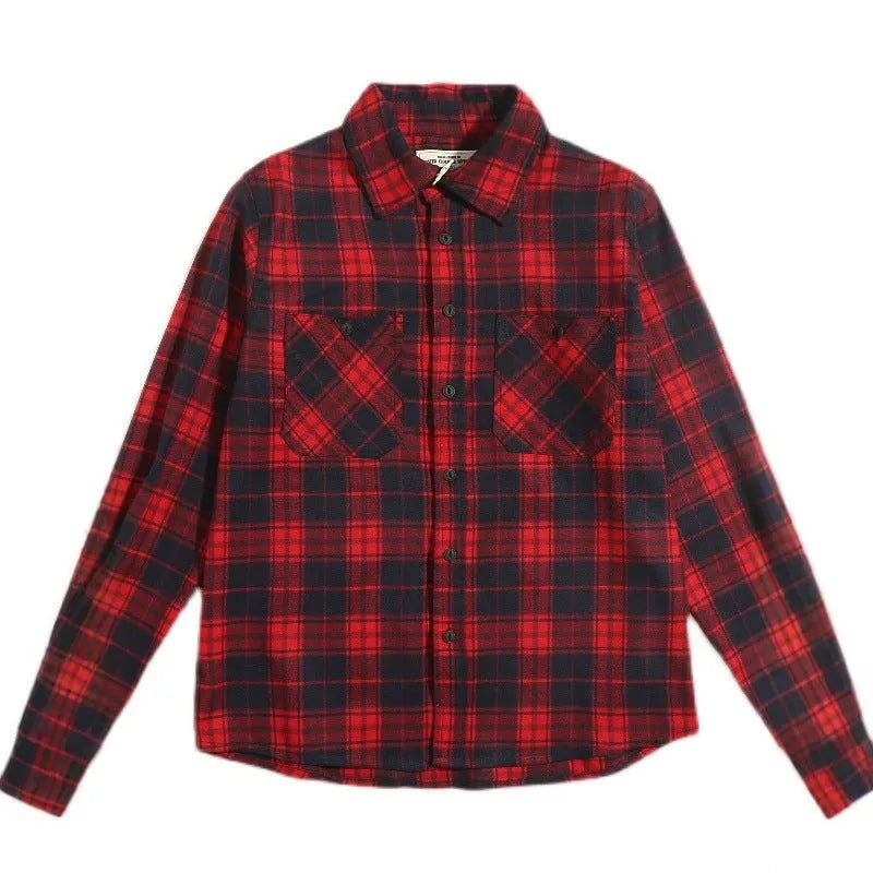 Men's thickened plaid double pocket long sleeve overalls shirt in loose cardigan fit, available in four colours