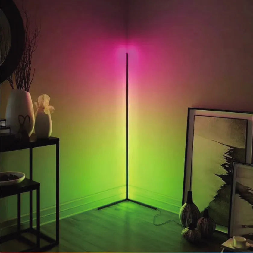 Black smart RGB floor lamp with aluminium alloy body and silicone shade, shown with remote control