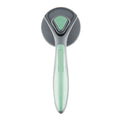 Self-cleaning slicker brush for pets with a grey handle and fine metal bristles.