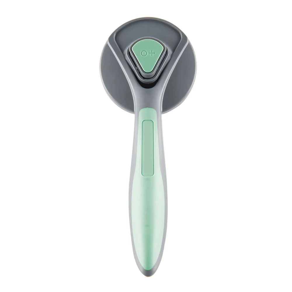 Self-cleaning slicker brush for pets with a grey handle and fine metal bristles.