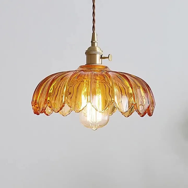 Brass ceiling chandelier with amber glass shade 26cm diameter, suitable for dining room or cafe