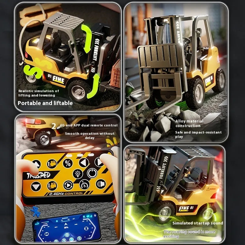 1:64 scale alloy Bluetooth remote-control forklift model with accessories and obstacles