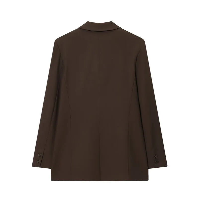 Women's pleated padded shoulder jacket and matching straight-leg trousers set in solid colour