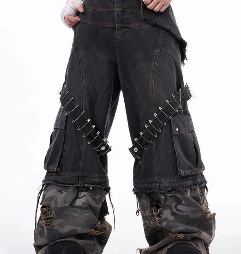 Men's grey camouflage jeans with splicing construction and pin ribbon details