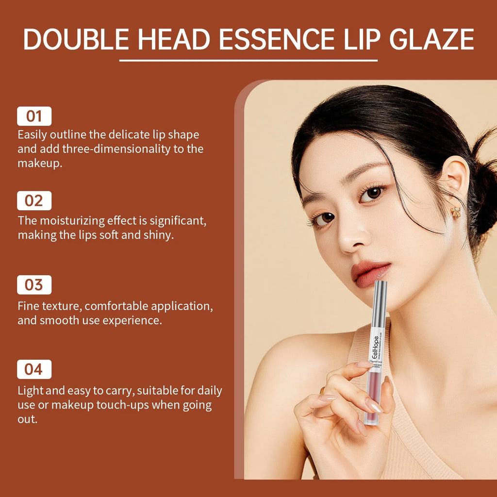 Double-headed retractable lip liner and lip lacquer pen in lipstick-style packaging