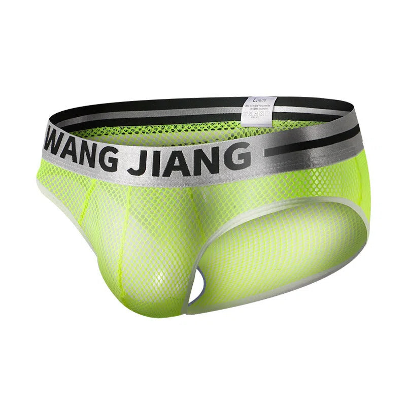 Men's triangle mesh low waist solid colour briefs in breathable polyester, available in multiple sizes and colours