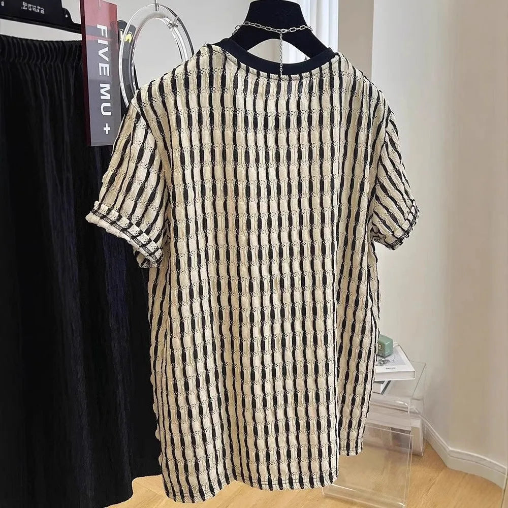 Black striped men's loose casual short sleeve pullover shirt made from linen and silk blend.