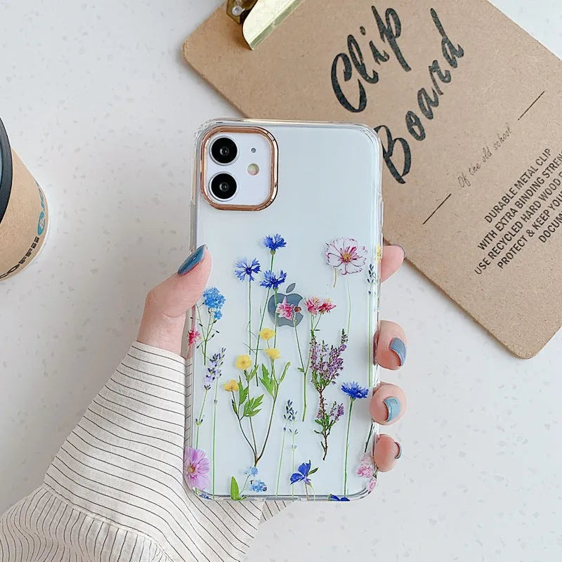 Fresh flowers and grass fashion TPU phone case for iPhone, back cover style with fall protection, flower pattern