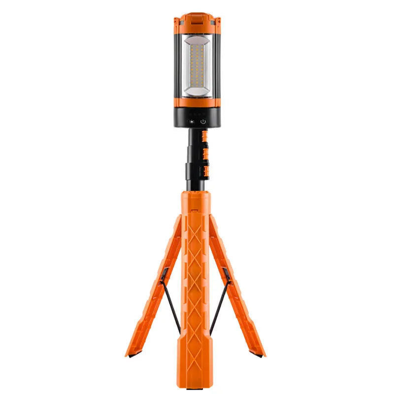 Retractable folding charging camping lantern with bracket in black and orange for outdoor lighting