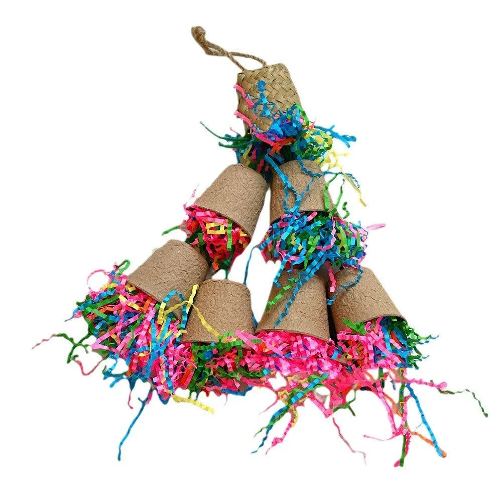 Parrot gnawing toy with palm weaving paper cup design hanging in cage