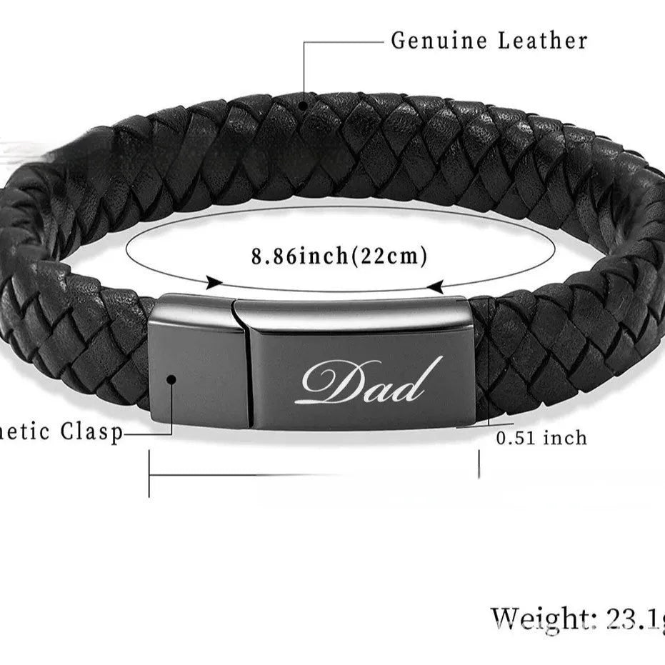 Men's black leather and stainless steel casket bracelet with engraving option on a gift box.