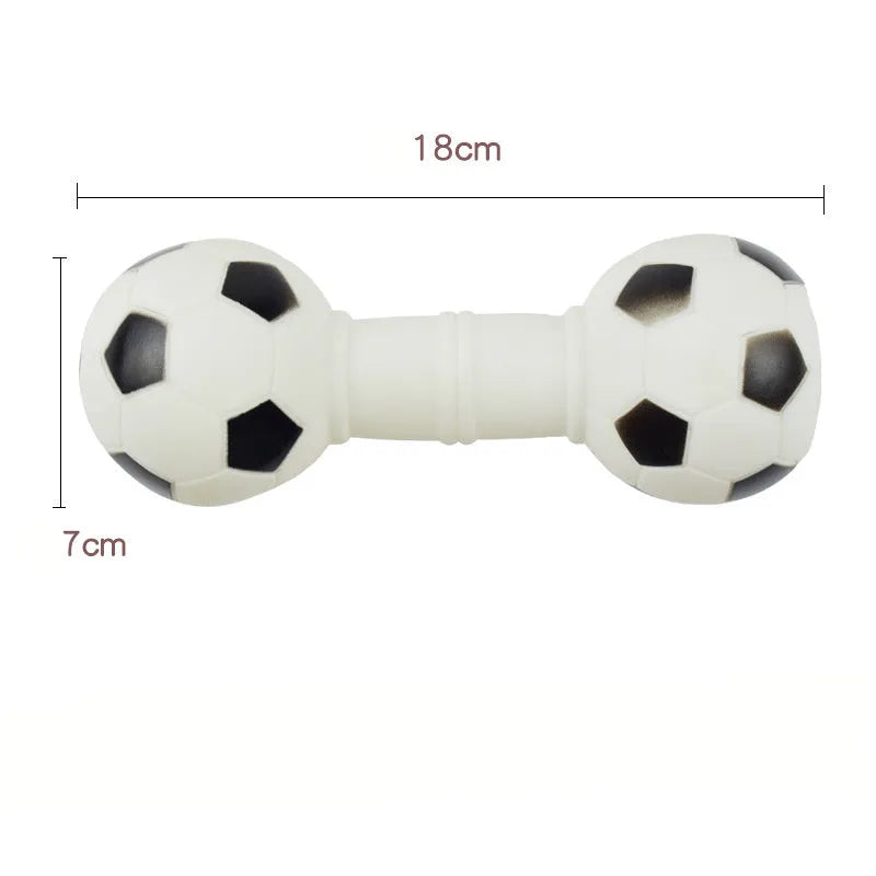 Brown, orange, white, and yellow PVC football dumbbell shaped squeaky dog chew toy