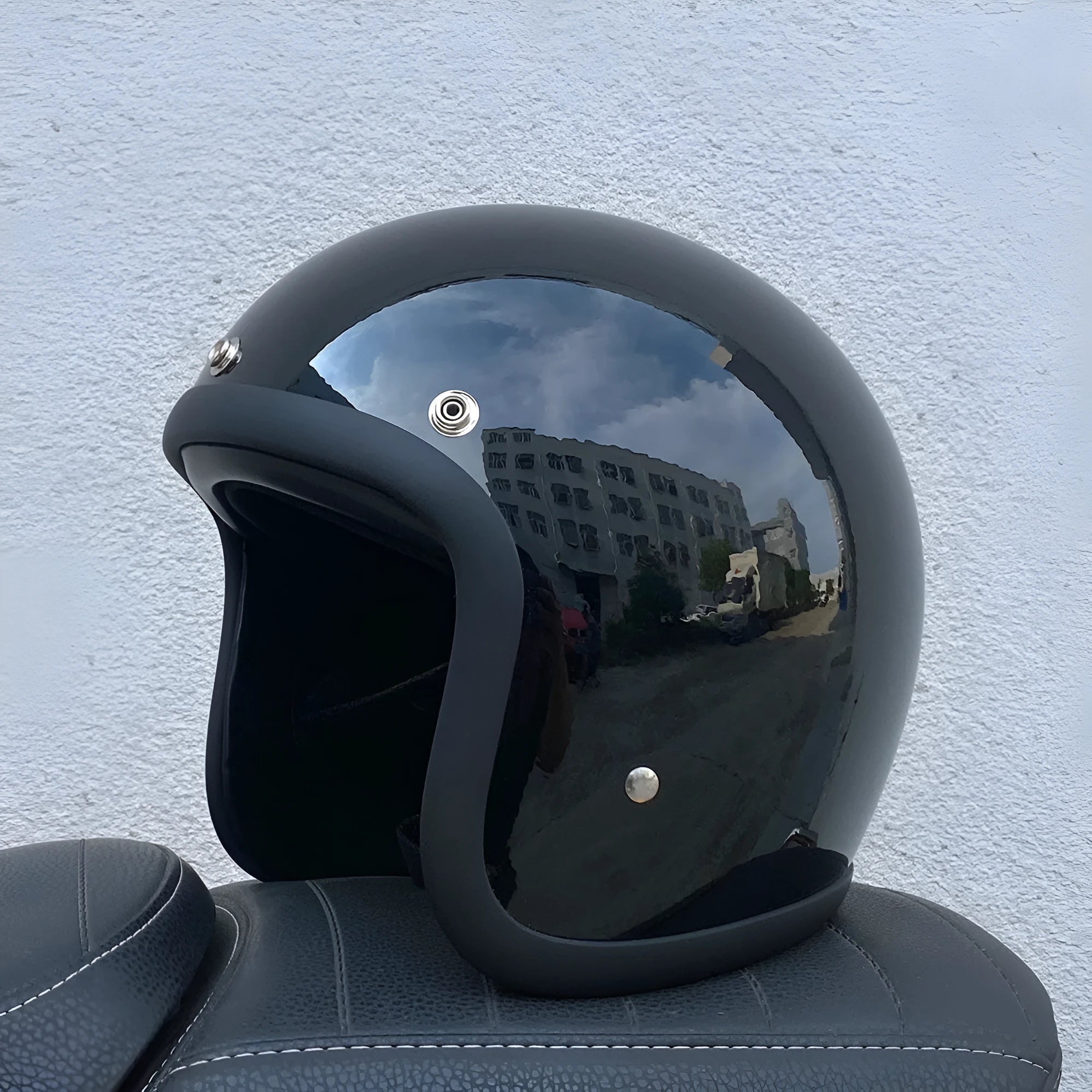 FRP retro-style half helmet for electric motorcycle commuting, shown in a colour option.