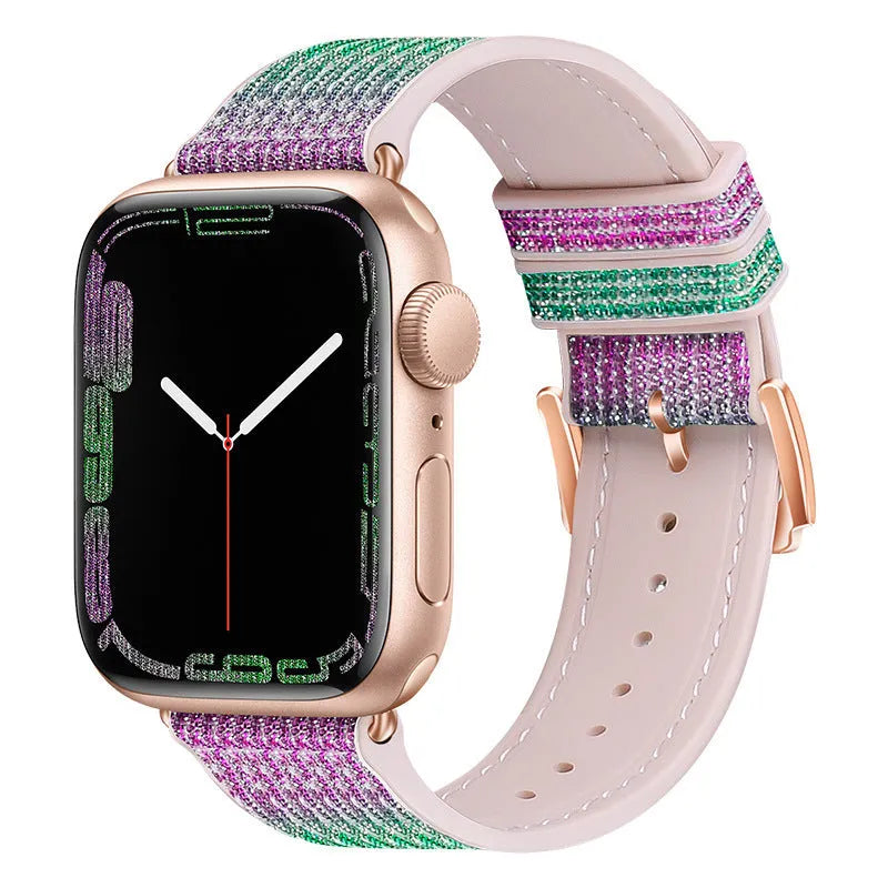 Diamond-encrusted double-sided allochroic silica gel strap for Apple Watch 38-49mm in rainbow colour