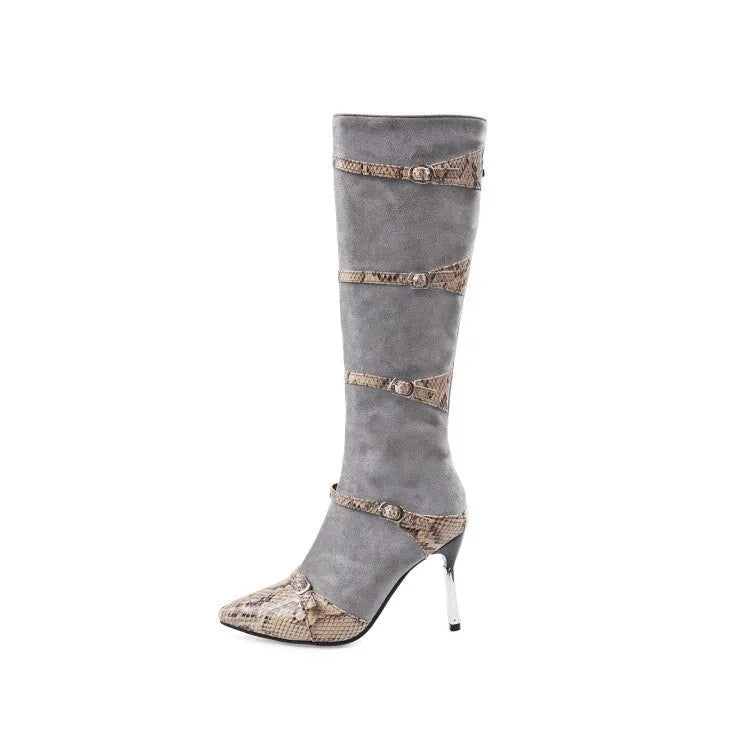 Women's knee-high black boots with stiletto heels and velvet lining