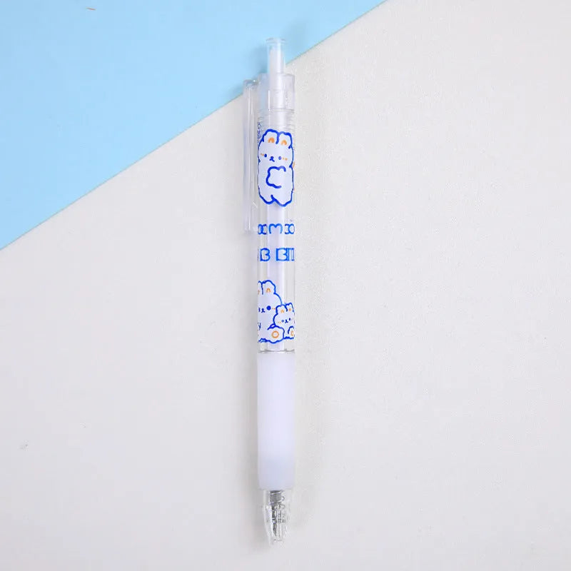 Set of six cute bear and bunny themed press pen knives on a white background.