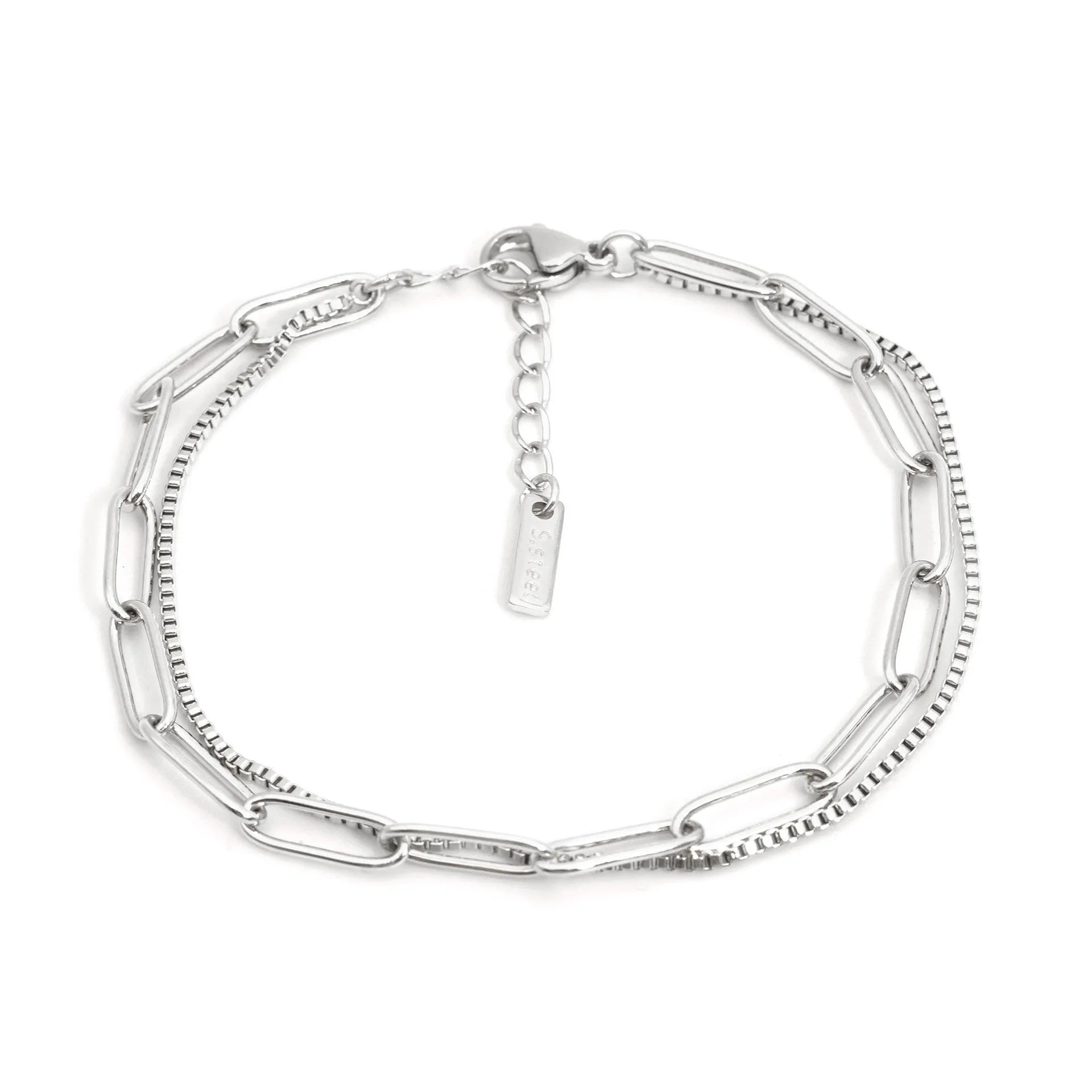 Geometric double layer stainless steel bracelet in gold or silver, showing Ins Cold Style design with linear elements.