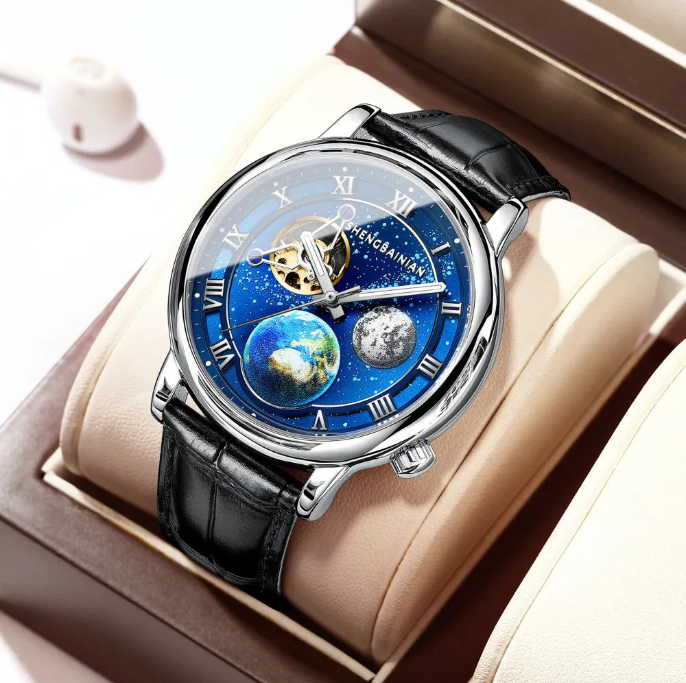 Men's mechanical watch with luminous earth starry dial, silver blue, 43mm metal case