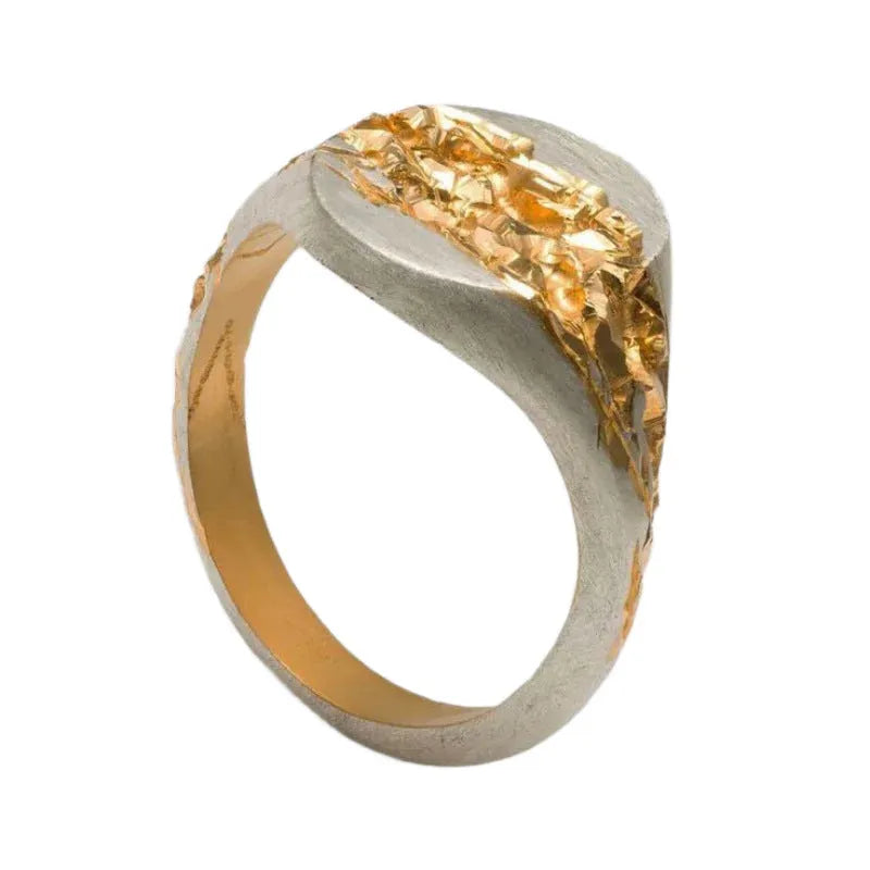 Geometric round irregular pattern ring in 18K gold colour separation on silver plated surface