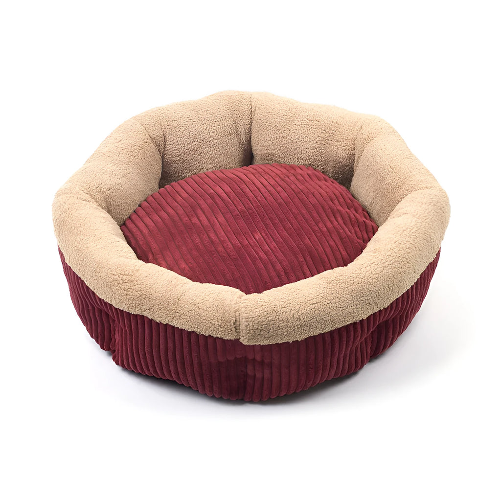 Octagonal velvet pet nest for cats and small dogs with soft cotton velvet lining, shown indoors