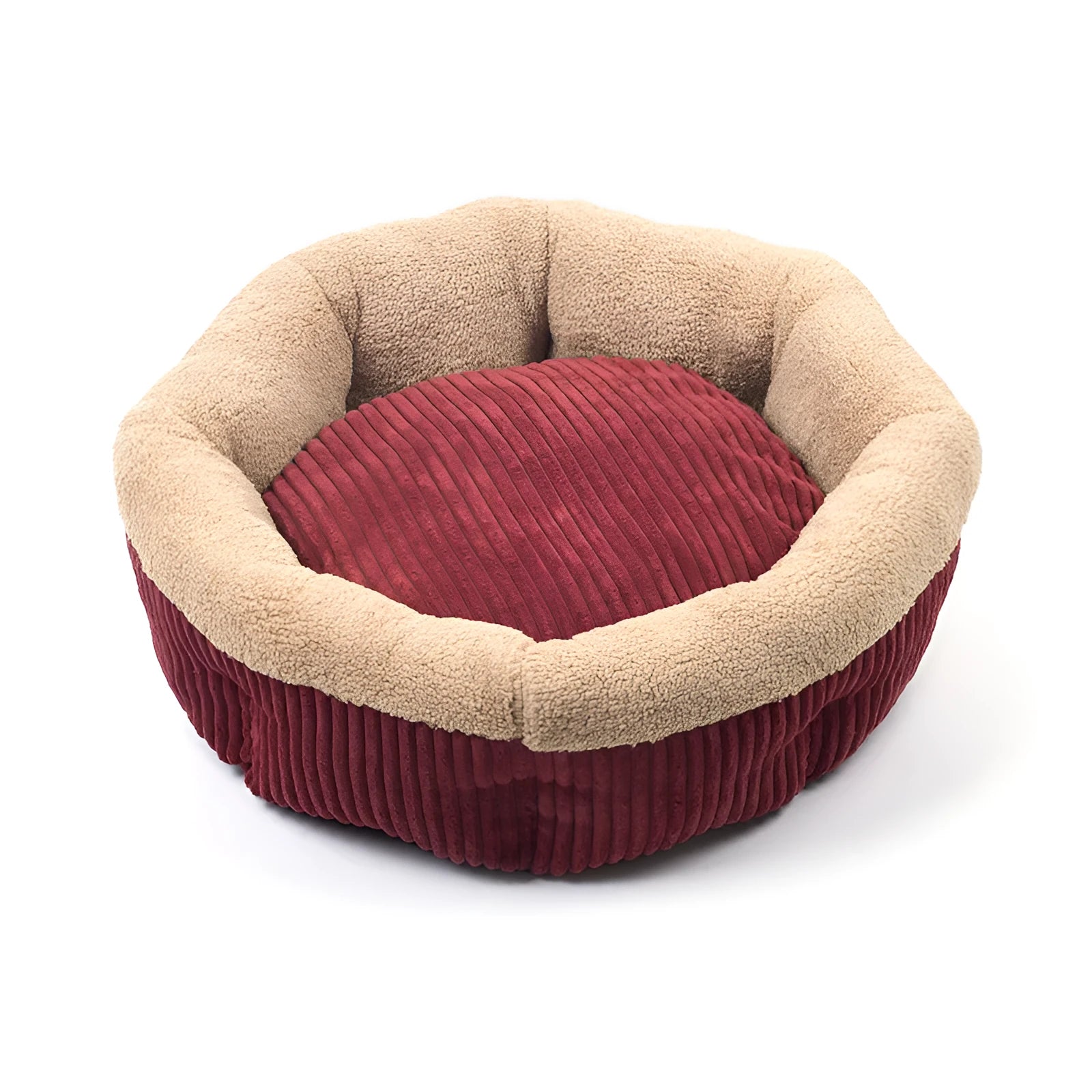 Octagonal velvet pet nest for cats and small dogs with soft cotton velvet lining, shown indoors