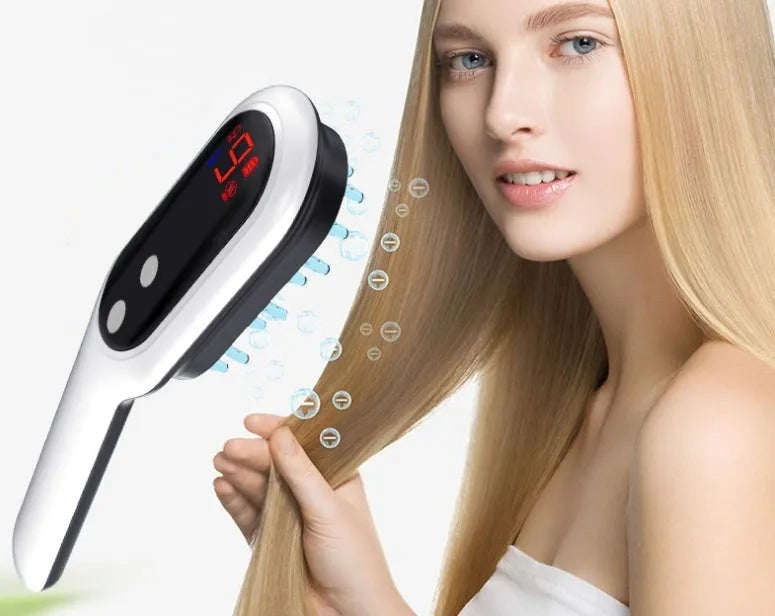 White electric head massager comb with red and blue lights and LED display on scalp