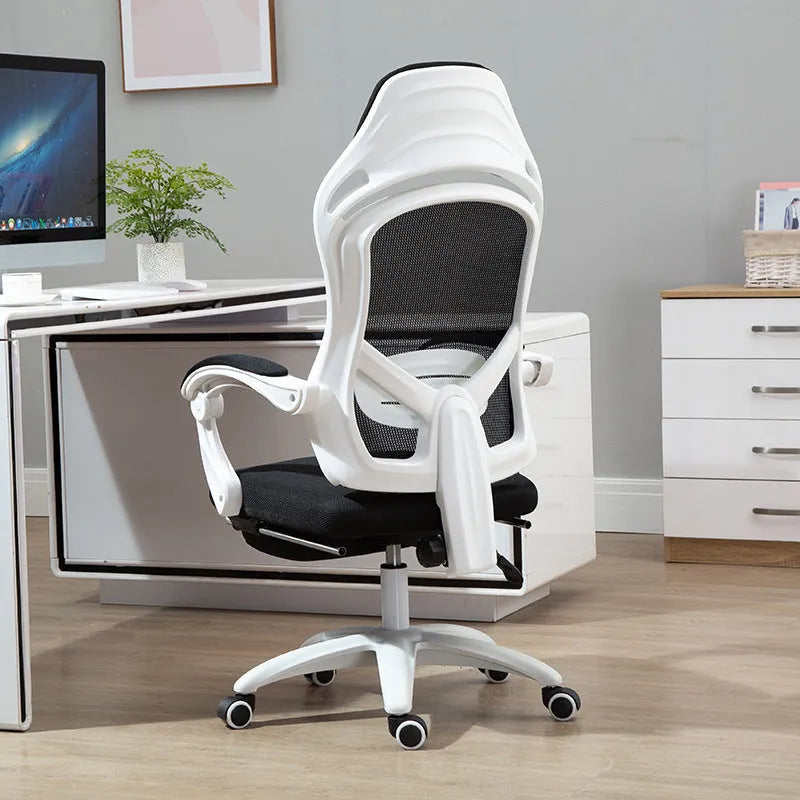 Ergonomic computer gaming chair with black frame, footrest, linkage armrests, and nylon wheels on a hard floor.