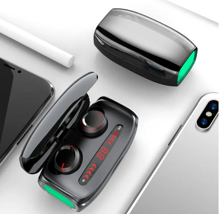 T11 Wireless Bluetooth 5.0 Earbuds Black earplug-style with charging case and data cable